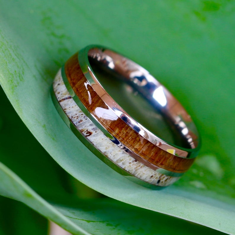Titanium Deer Antler Ring with Koa Wood Inlay - Unisex Wedding Band