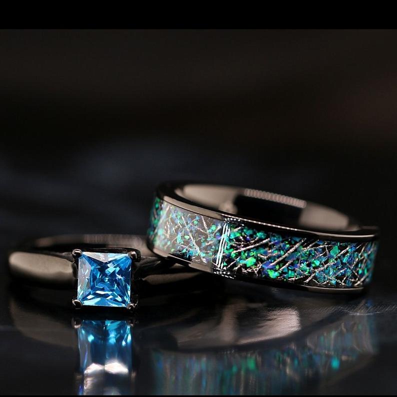 Night Sky Set - Stainless Steel with Black Plating Ring Set for Women | Cubic Zirconia Faux Diamond Engagement Ring | Natural Blue Opal chips Real Meteorite Inlay