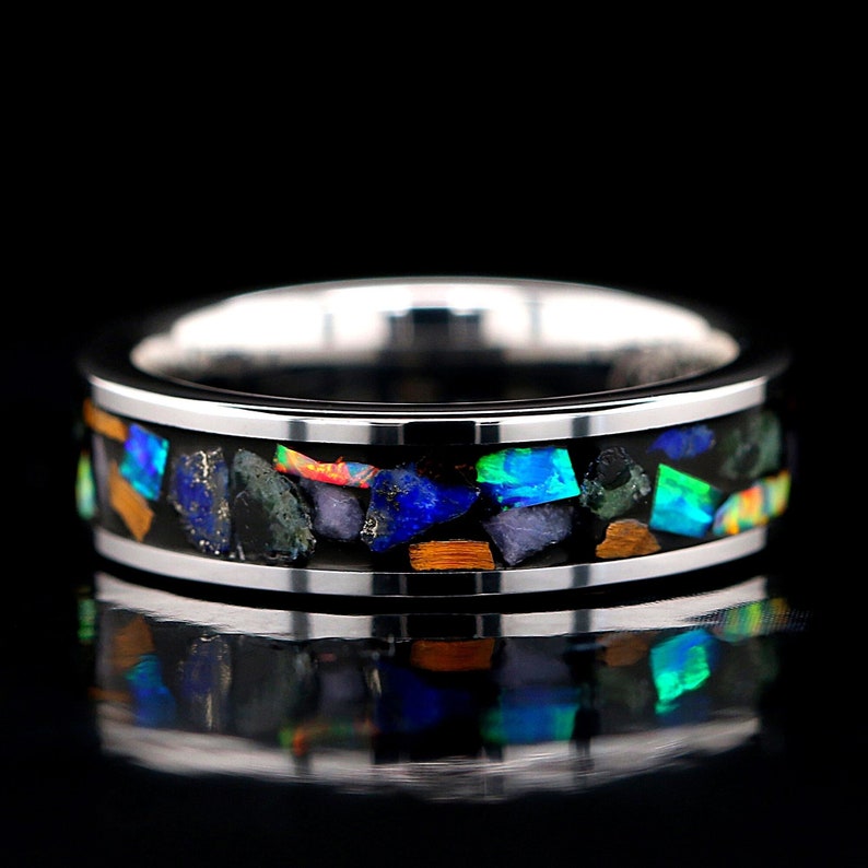 Treasures of the Earth - Cool Unisex Wedding Bands | Tungsten Bands for Men’s Wedding | Unique Women's Wedding Band | Turquoise, Marble, Tiger Eye, Opal, Tungsten Band