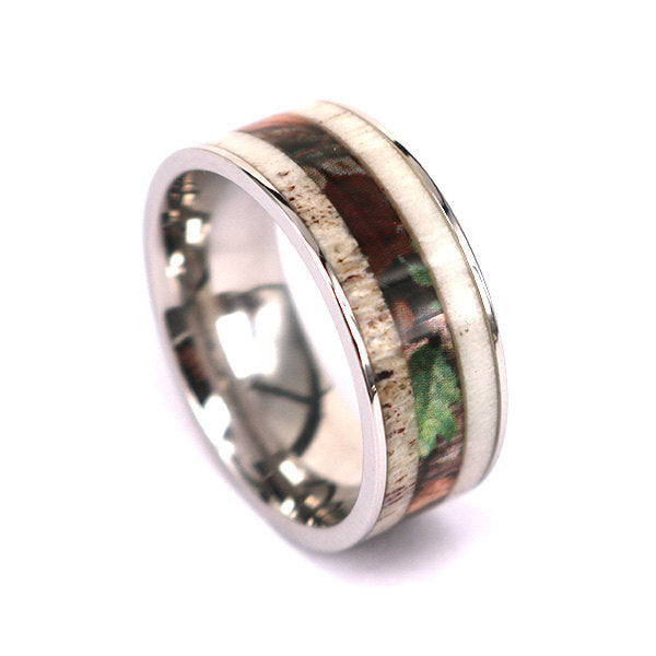 Stainless Steel Deer Antler and Camo Ring