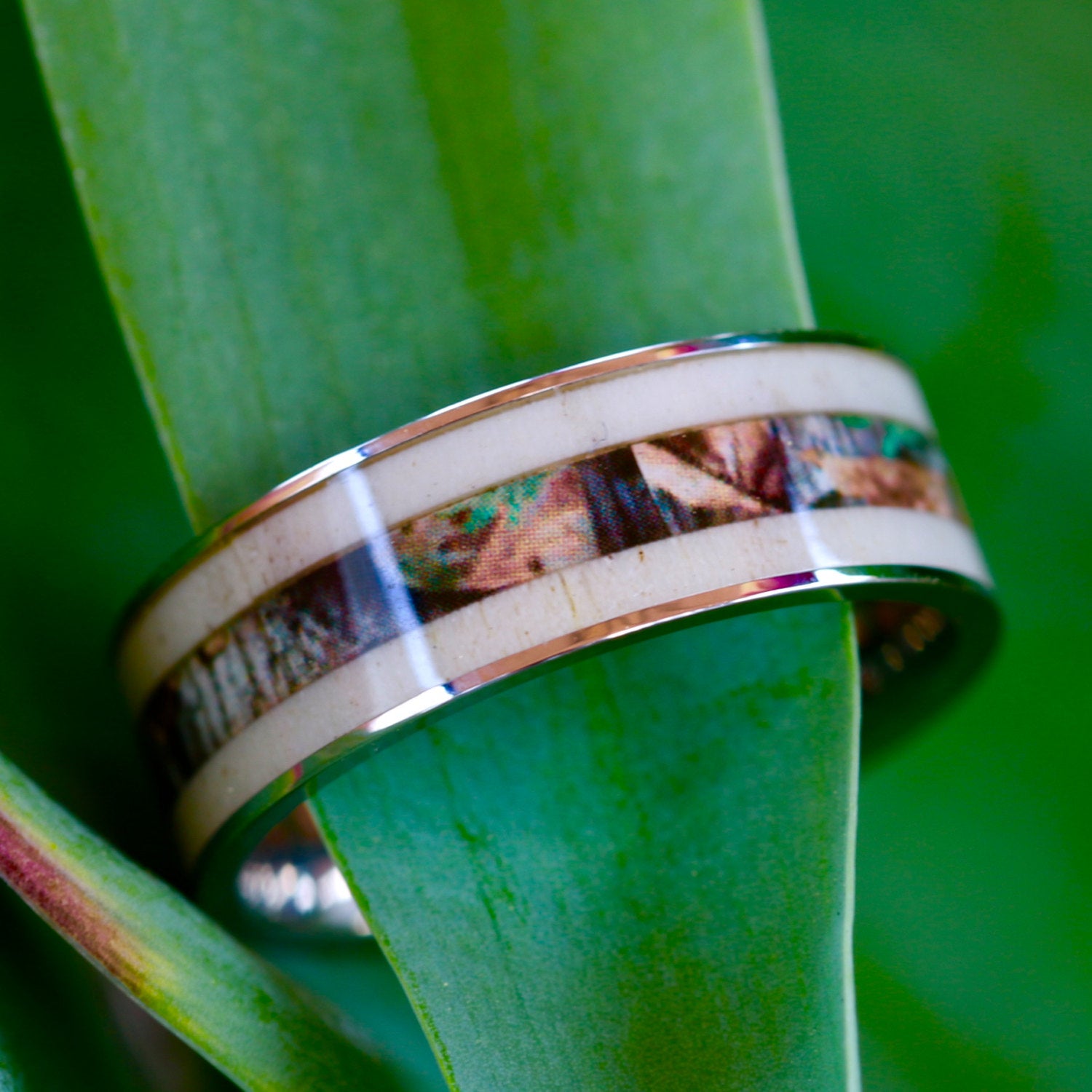 Stainless Steel Deer Antler and Camo Ring