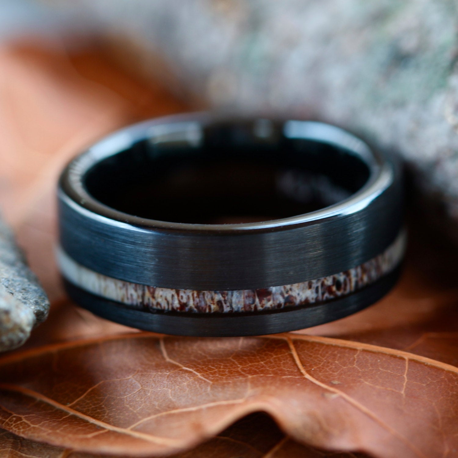 Black Tungsten Deer Antler Ring - Unisex Wedding Band Hunter Ring