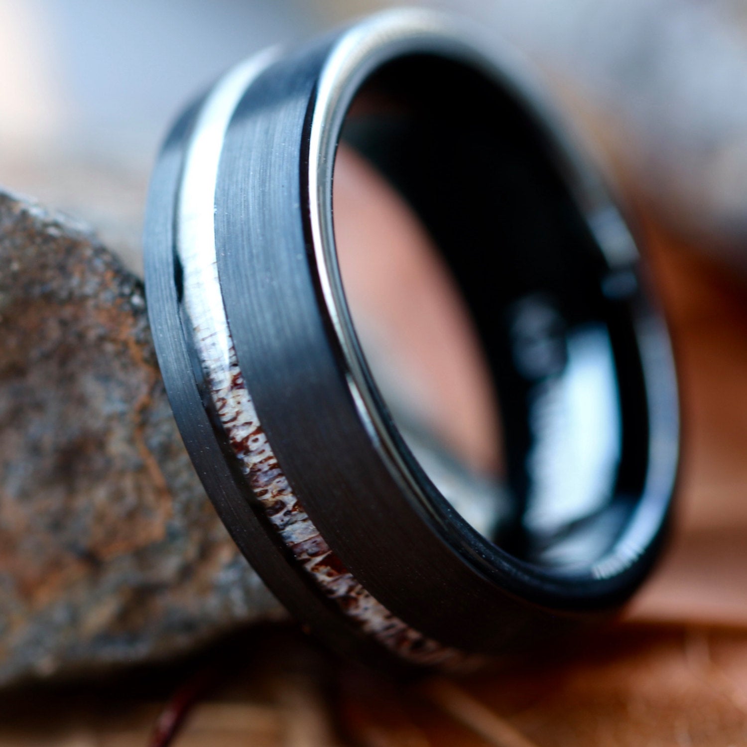 Black Tungsten Deer Antler Ring - Unisex Wedding Band Hunter Ring