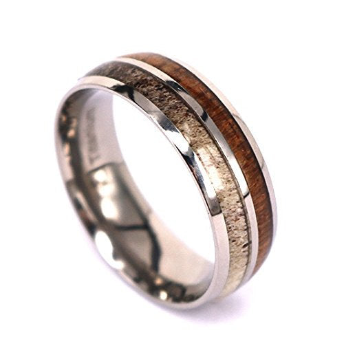 Titanium Deer Antler Ring with Koa Wood Inlay - Unisex Wedding Band