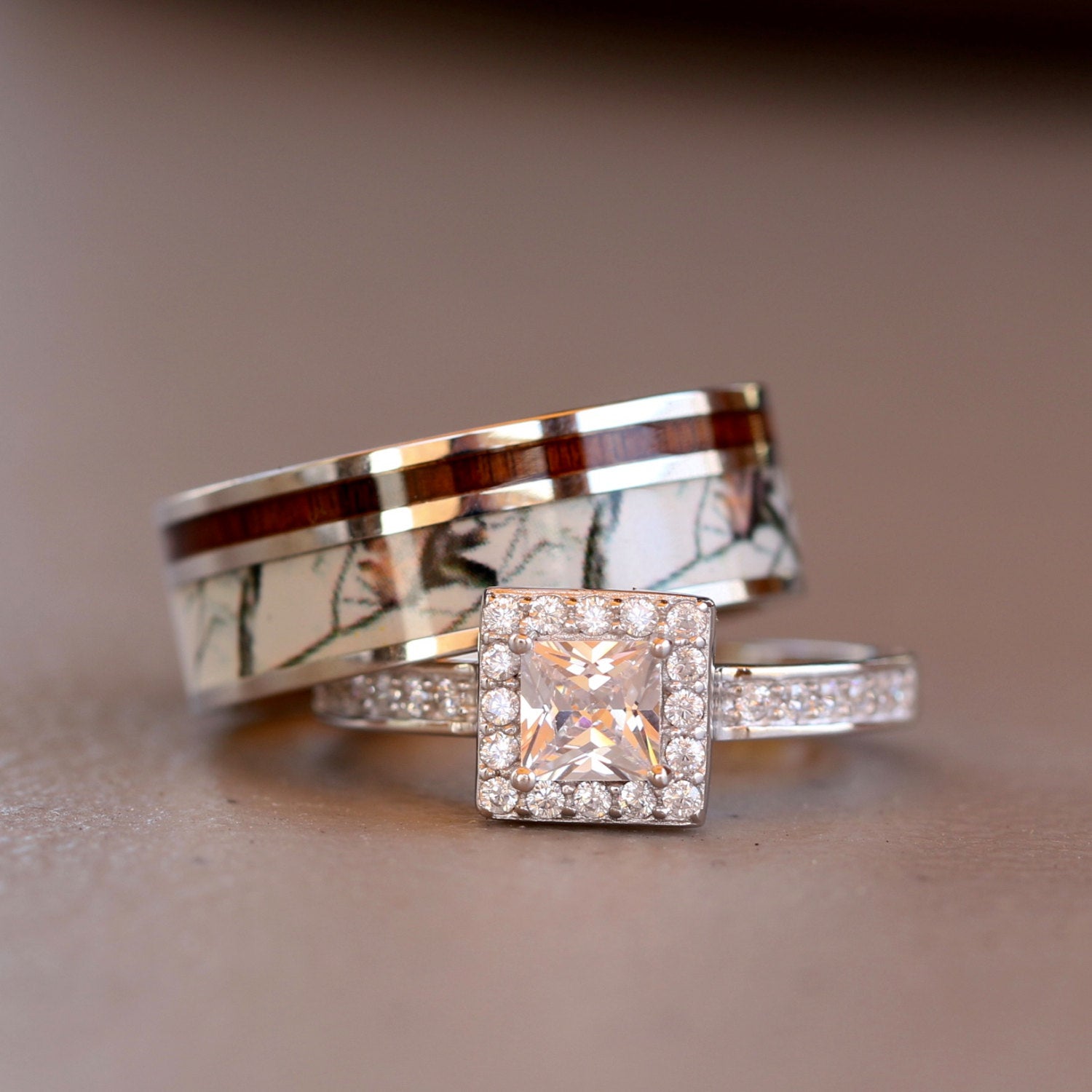 2 pc White Camo Rings Set Koa Wood Ring Set Silver Engagement Ring