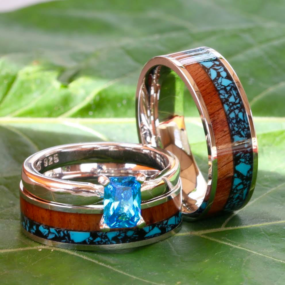 His and Her 3 piece Wood Ring Set Turquoise Wedding Rings Set