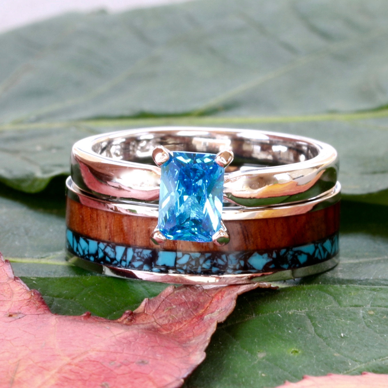 2 piece Wedding Ring Set Turquoise Ring Koa Wood Ring Stainless Steel and Sterling Silver Cubic Zirconia Engagement Ring
