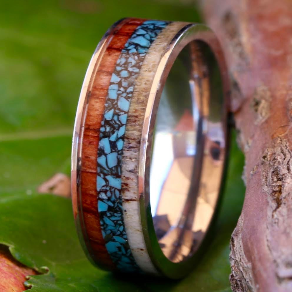 Stainless Steel Deer Antler Band Turquoise and Koa Wood Ring