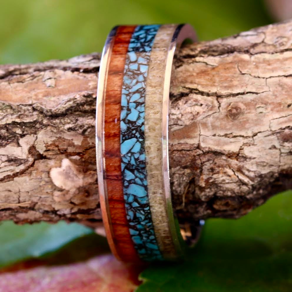 Stainless Steel Deer Antler Band Turquoise and Koa Wood Ring