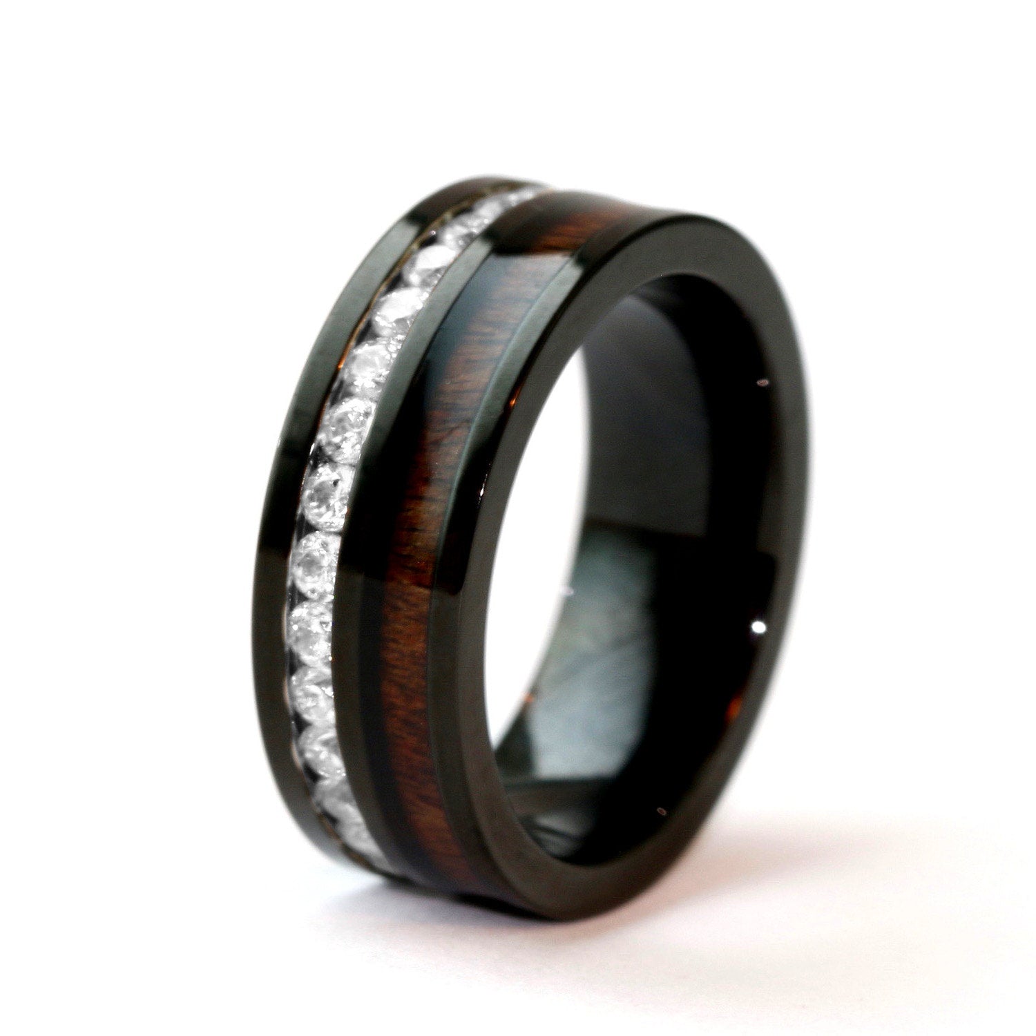 His & Hers Koa Wood Ring Set Black Stainless Steel Wedding Rings