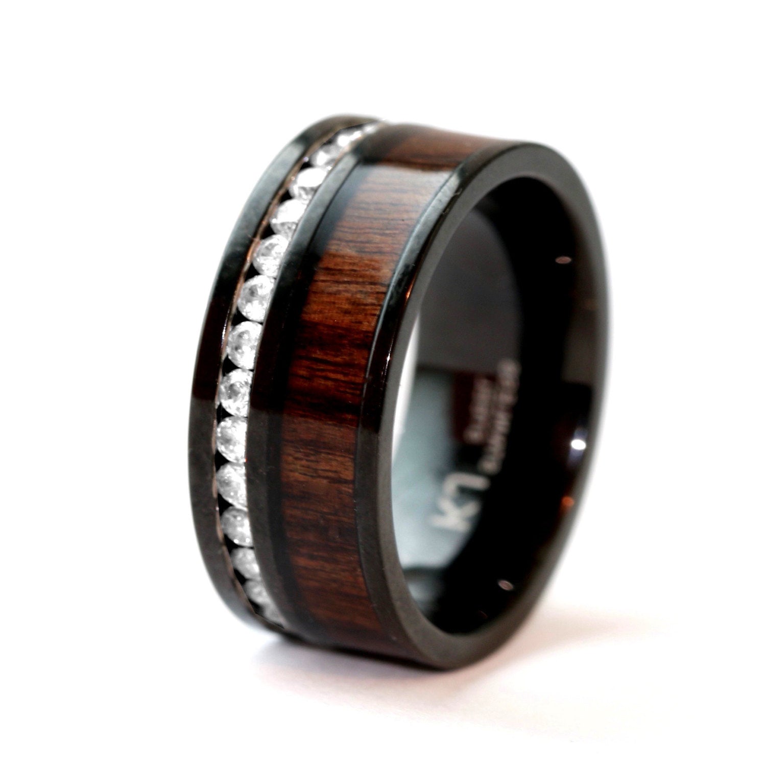 His & Hers Koa Wood Ring Set Black Stainless Steel Wedding Rings