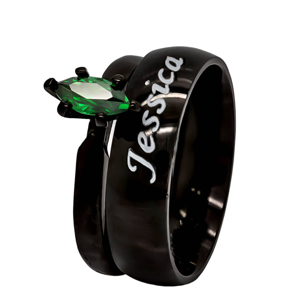 Custom Black Plated Wedding Ring Set Green Emerald Cubic Zirconia Engagement Rings
