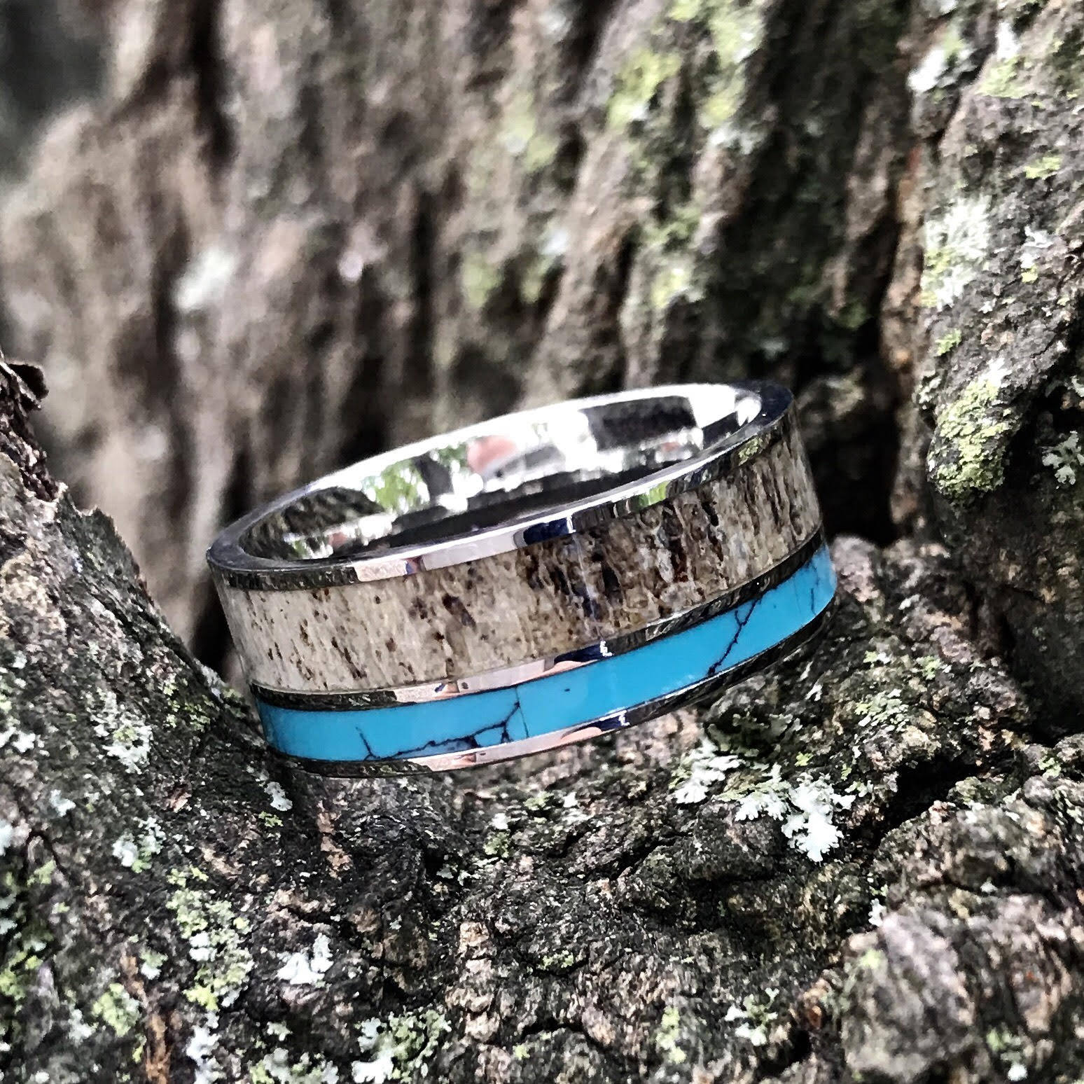 Deer Antler Ring with Turquoise Inlay - Unisex Turquoise Band Wedding Ring