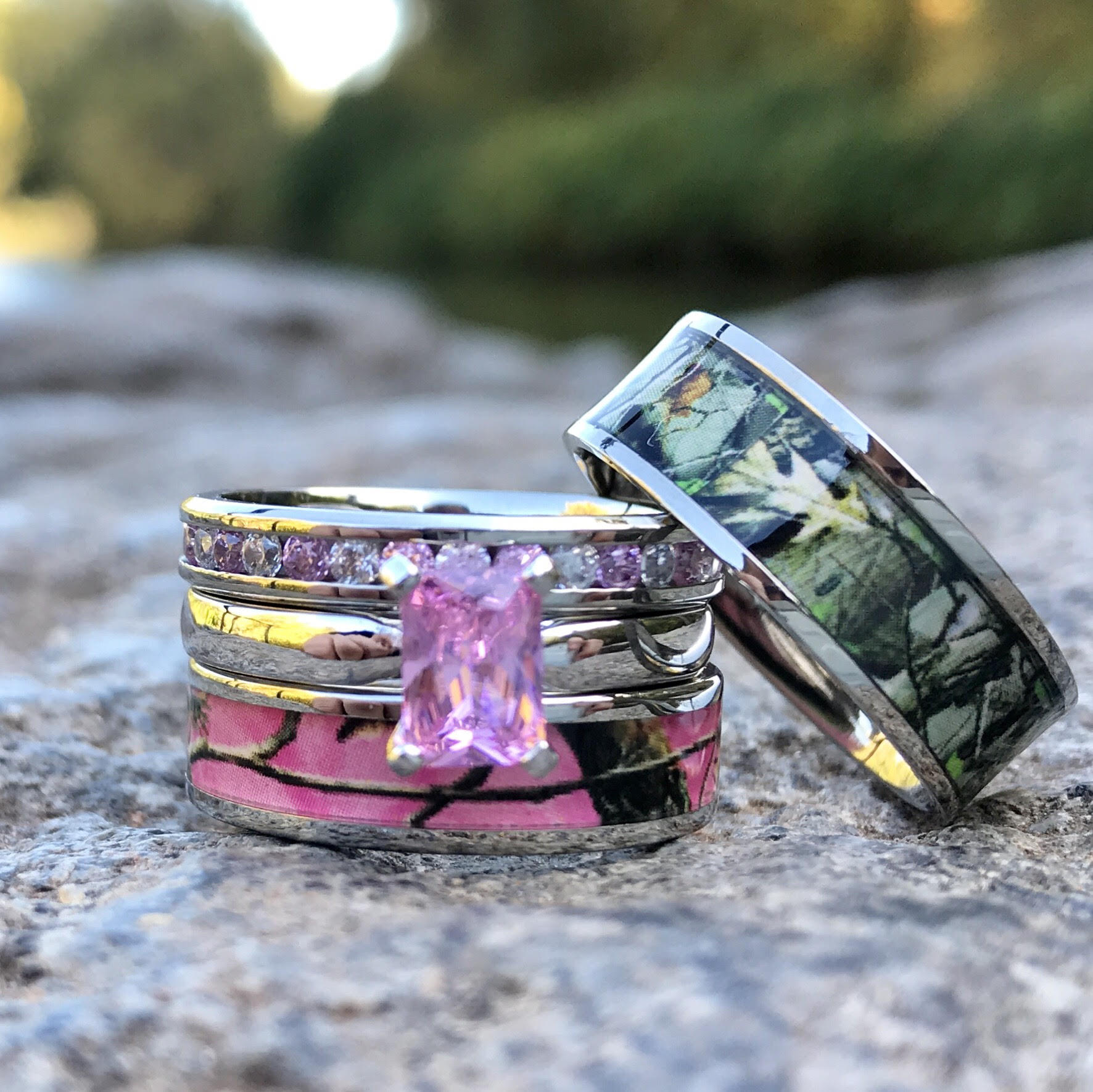 Blush Wilderness - Pink Camo Engagement Rings Set | Camo Couple Ring Set