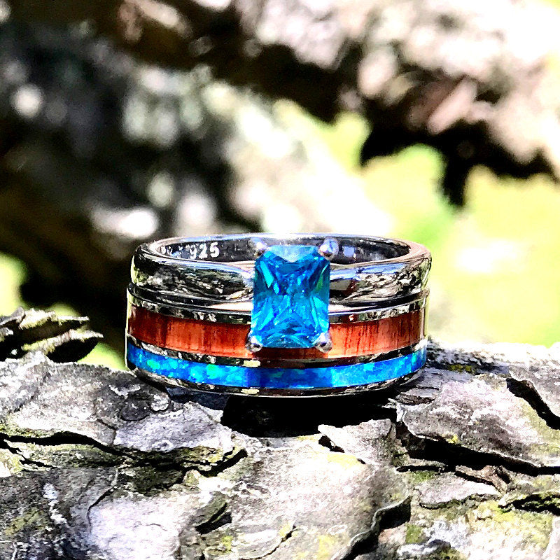 Evermore Love Set - Stainless steel Ring Set for Women | radiant cut cubic zirconia Engagement Ring | Koa Wood | Opal inlay