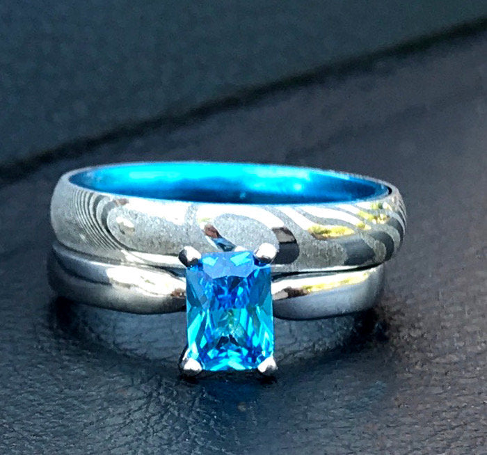His and Her Blue Damascus Ring Set Damascus Steel Wedding Rings Set