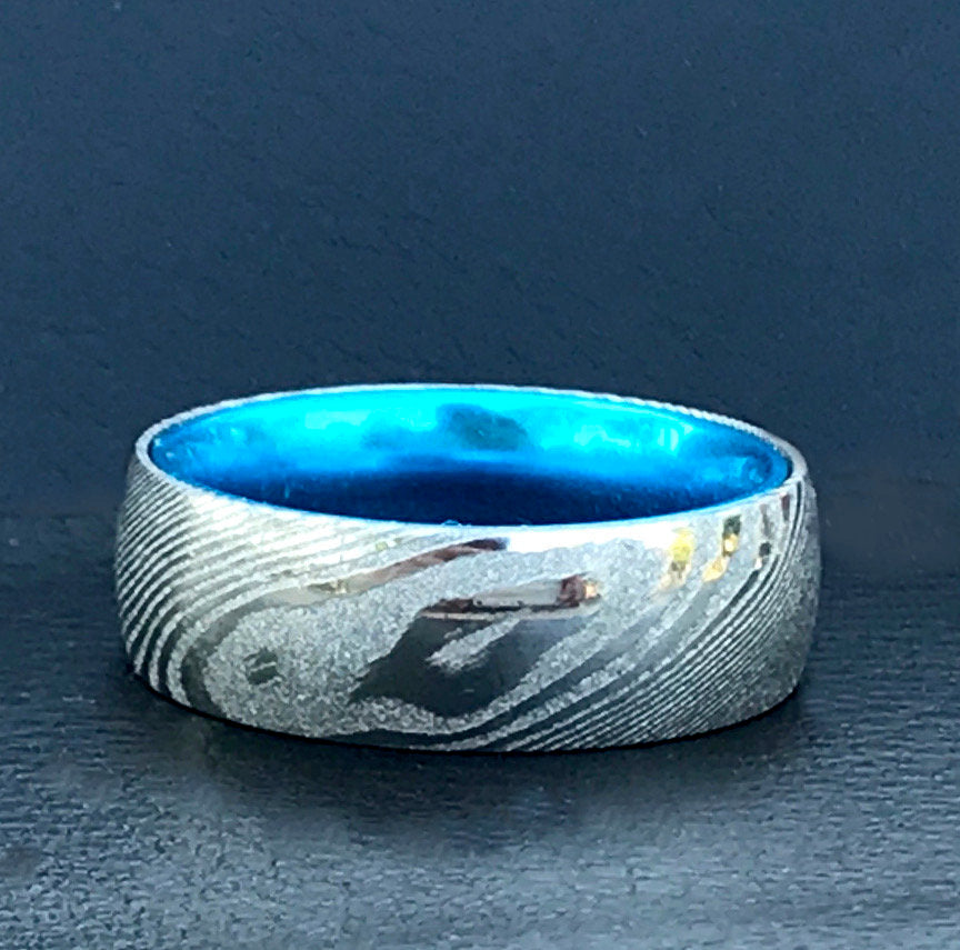 His and Her Blue Damascus Ring Set Damascus Steel Wedding Rings Set