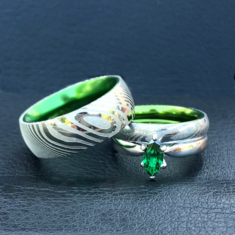 Emerald Forge Damascus Collection - Green Damascus Steel Ring Set | His and Her Damascus Steel Wedding Rings
