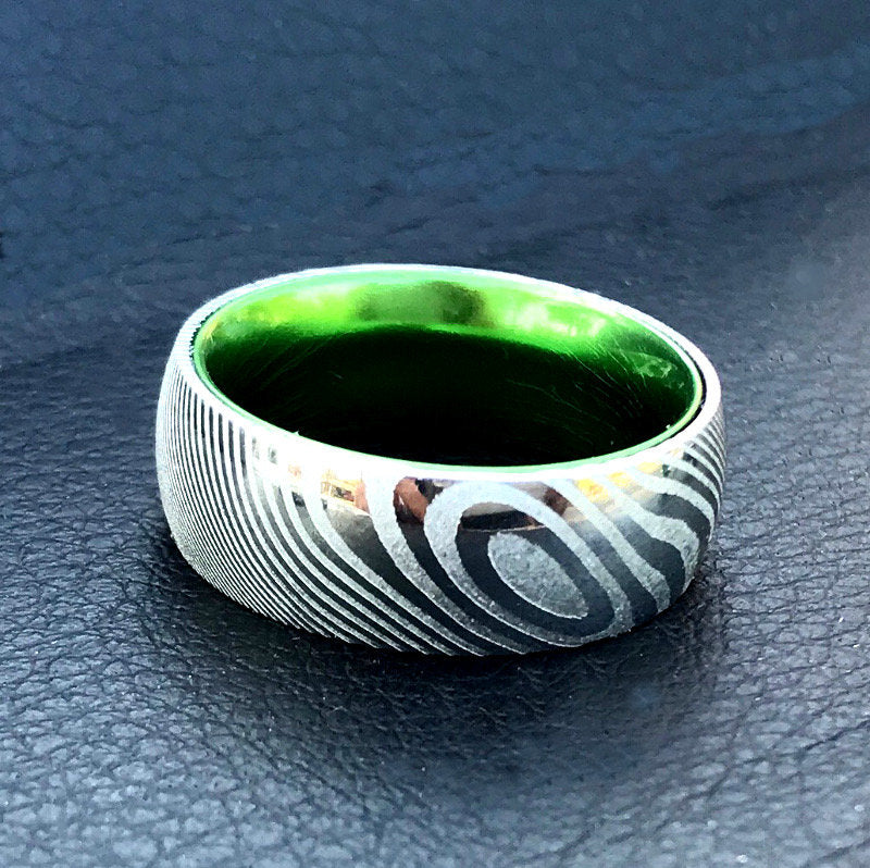 Emerald Forge Damascus Collection - Green Damascus Steel Ring Set | His and Her Damascus Steel Wedding Rings