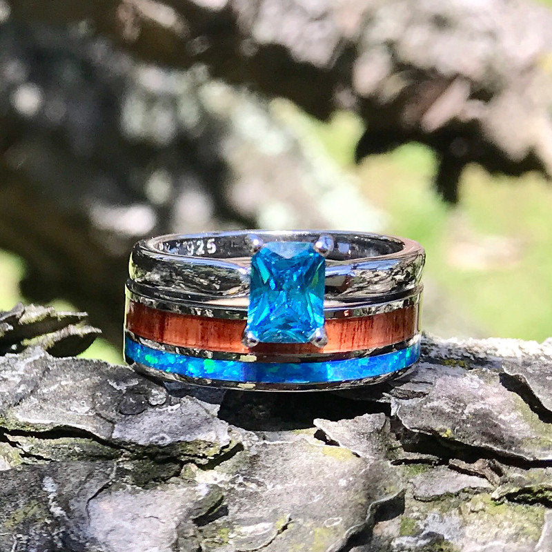 Evermore Love Set - Stainless steel Ring Set for Women | radiant cut cubic zirconia Engagement Ring | Koa Wood | Opal inlay