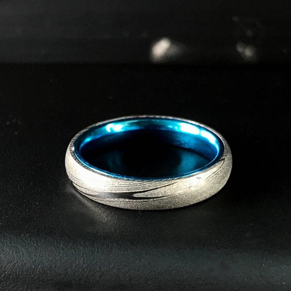 His and Her Blue Damascus Ring Set Damascus Steel Wedding Rings Set