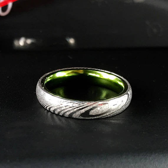 Emerald Forge Damascus Collection - Green Damascus Steel Ring Set | His and Her Damascus Steel Wedding Rings