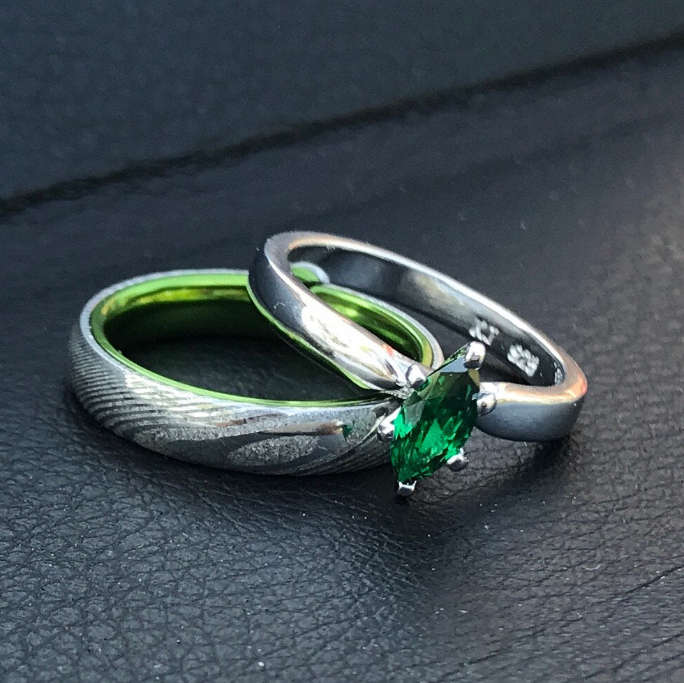 Emerald Forge Damascus Collection - Green Damascus Steel Ring Set | His and Her Damascus Steel Wedding Rings