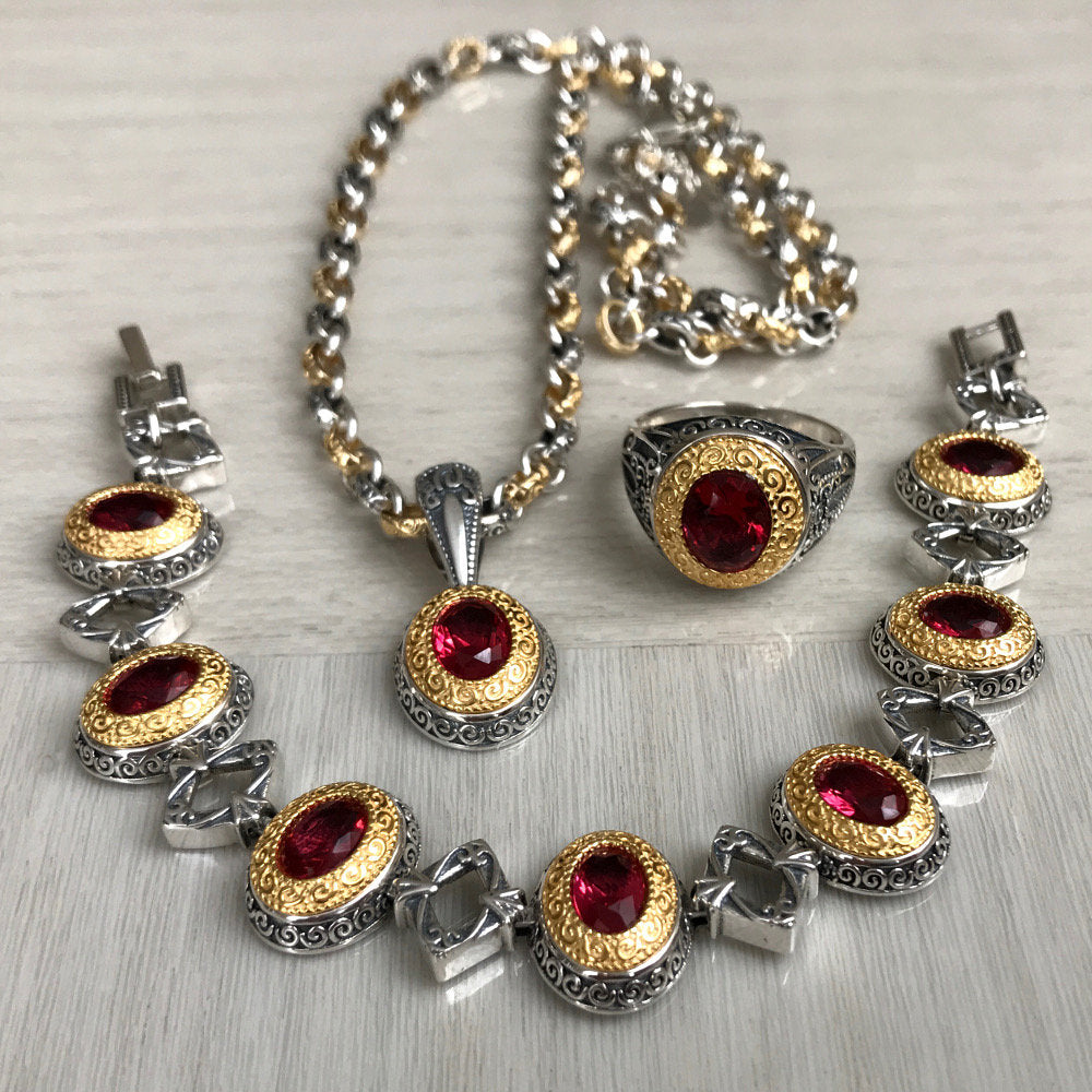 Antique Style STERLING SILVER Luxury Bracelet, Ring, Chain and Pendant Set
