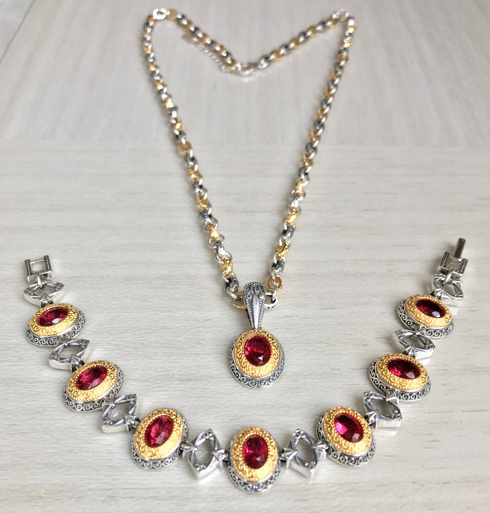 Antique Style STERLING SILVER Luxury Bracelet, Ring, Chain and Pendant Set