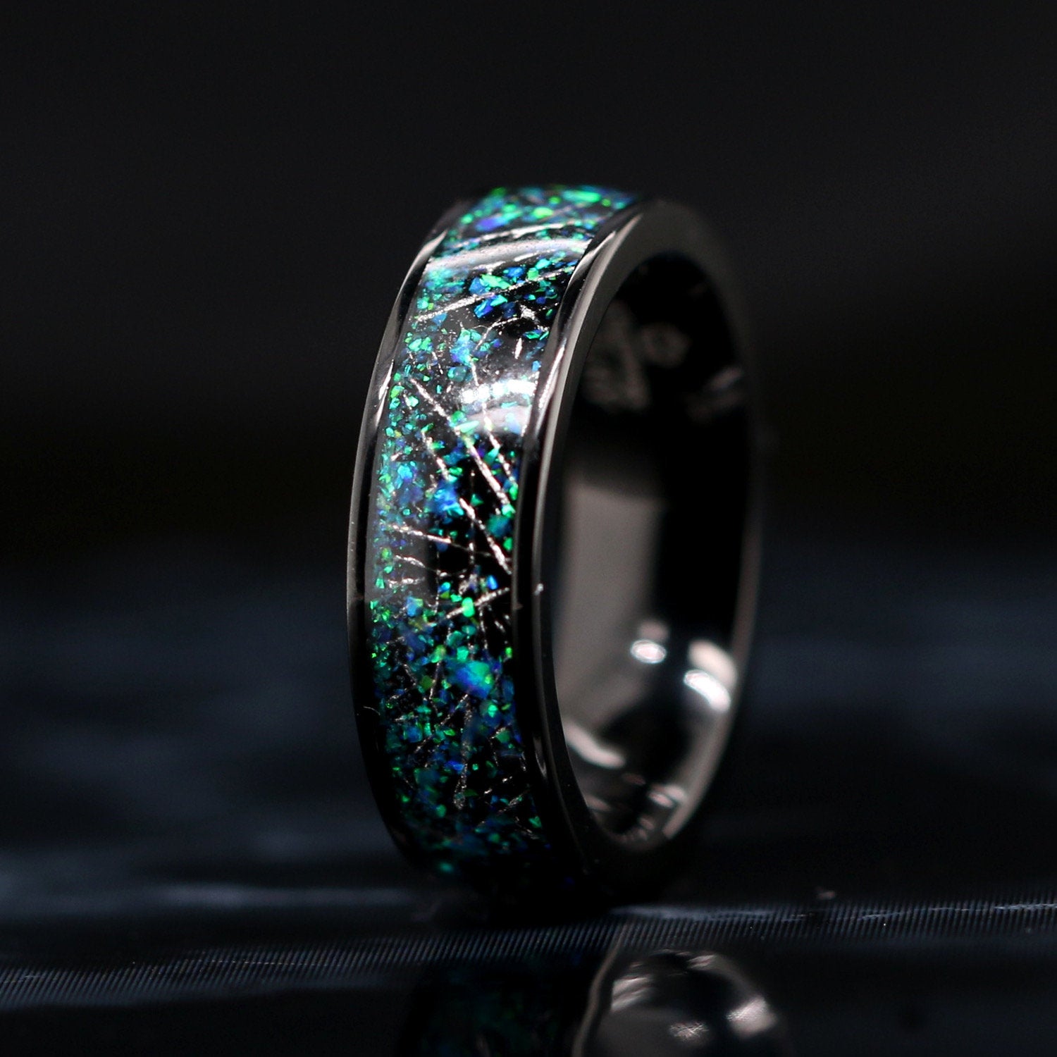 Night Sky Set - Stainless Steel with Black Plating Ring Set for Women | Cubic Zirconia Faux Diamond Engagement Ring | Natural Blue Opal chips Real Meteorite Inlay