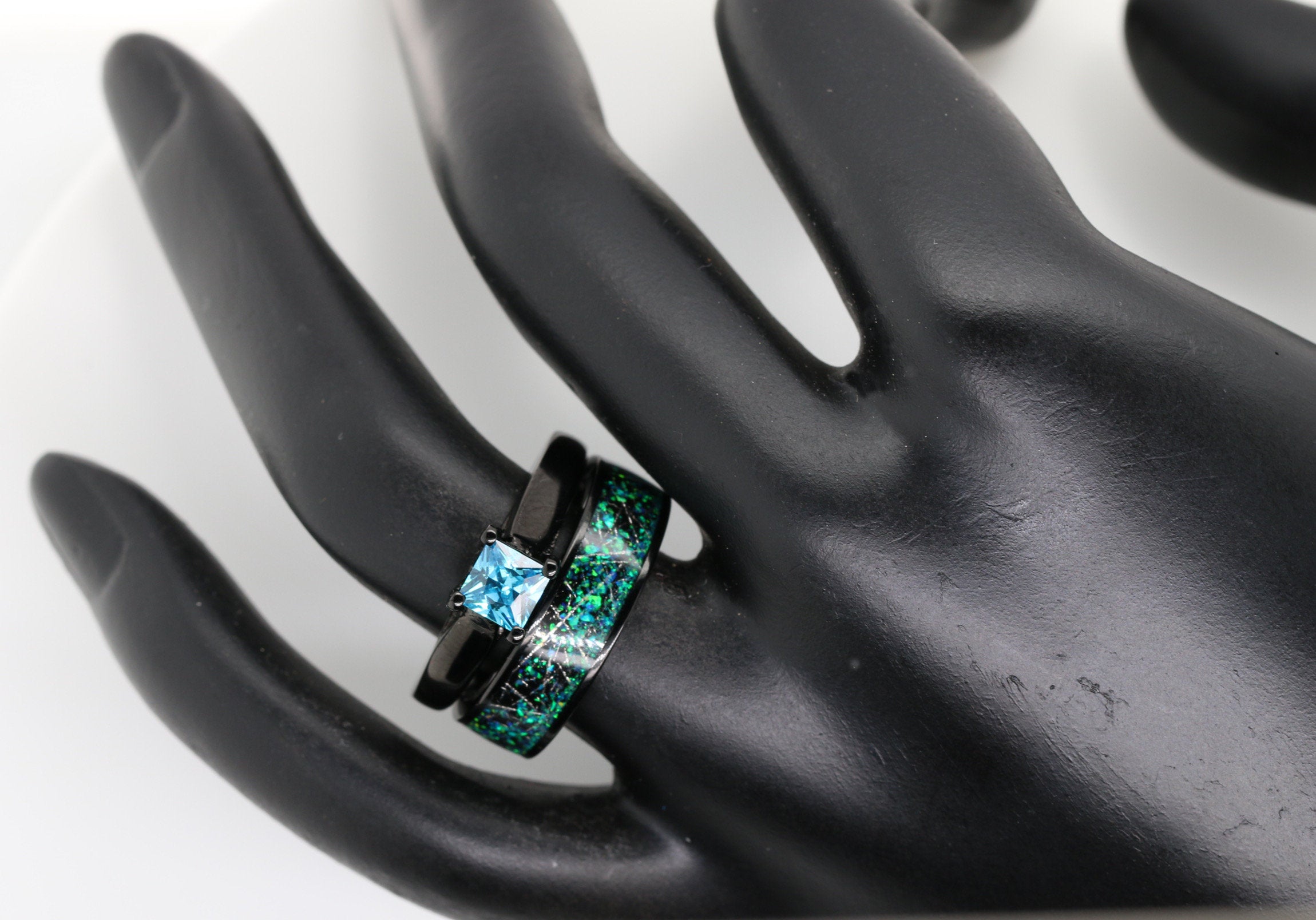 Night Sky Set - Stainless Steel with Black Plating Ring Set for Women | Cubic Zirconia Faux Diamond Engagement Ring | Natural Blue Opal chips Real Meteorite Inlay