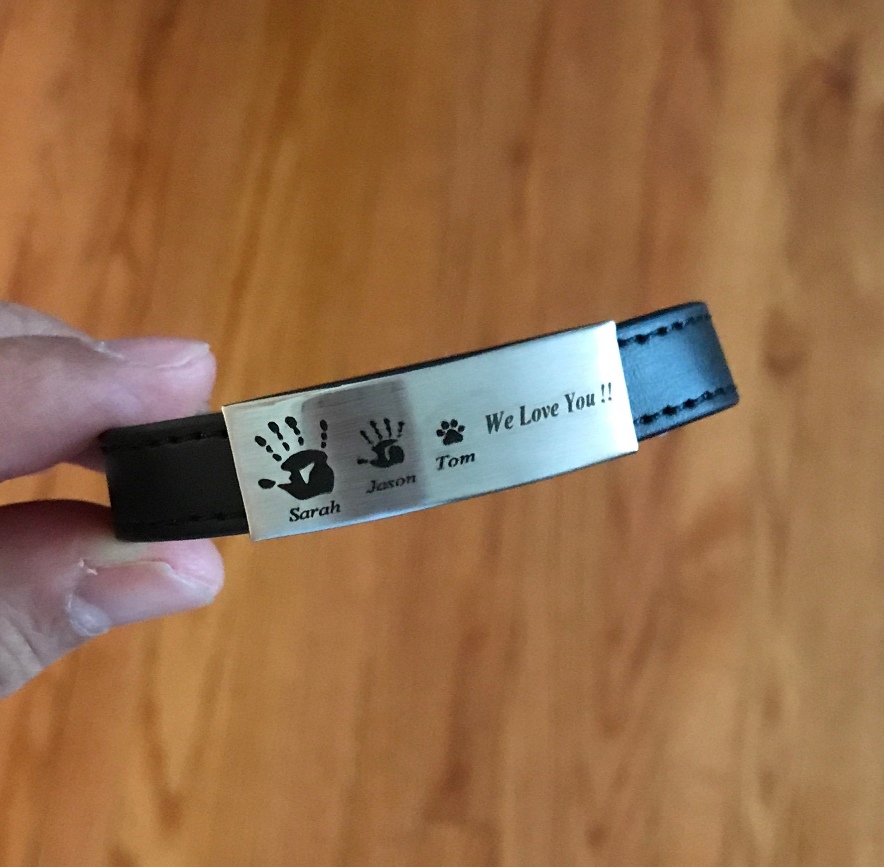 Custom Engraved Leather Bracelet Personalized Family Handprints Nameplate