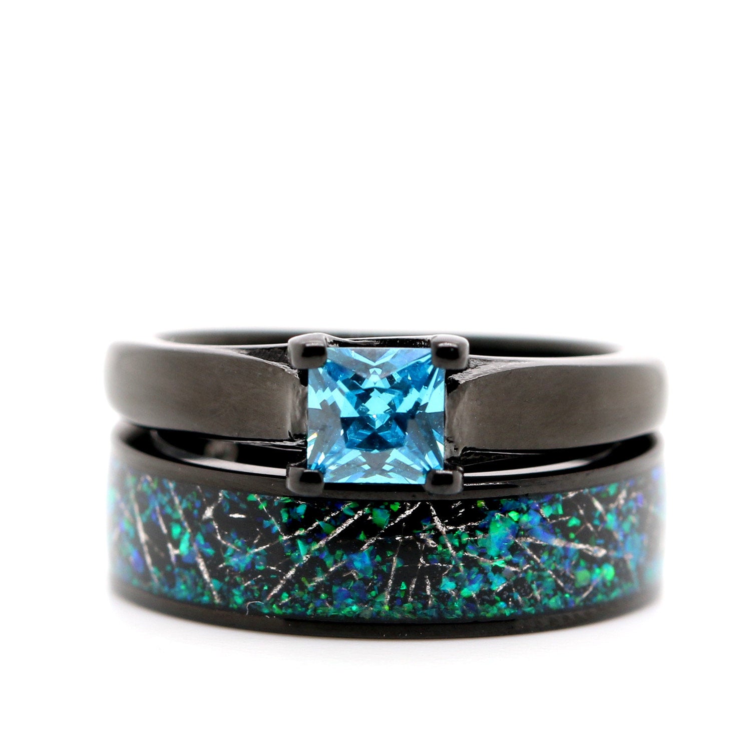 Night Sky Set - Stainless Steel with Black Plating Ring Set for Women | Cubic Zirconia Faux Diamond Engagement Ring | Natural Blue Opal chips Real Meteorite Inlay