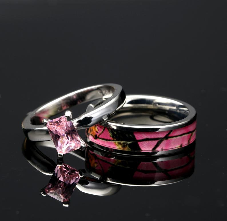 Blush Wilderness - Pink Camo Engagement Rings Set | Camo Couple Ring Set