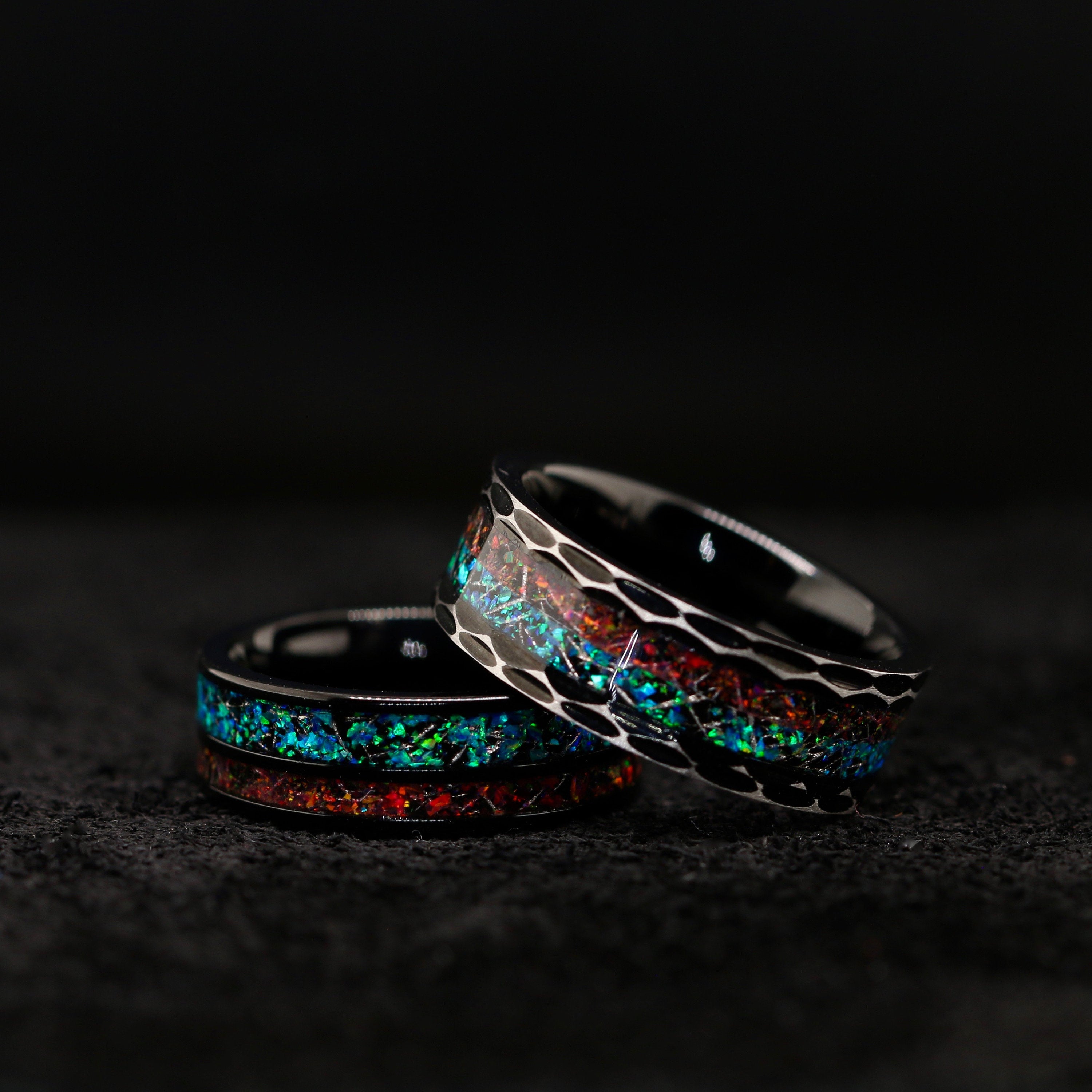 Volcano Wedding Band Set for Him and Her | Opal & Meteorite Wedding Bands For Him and Her