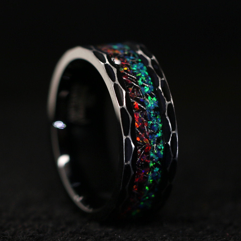 Volcano Wedding Band Set for Him and Her | Opal & Meteorite Wedding Bands For Him and Her