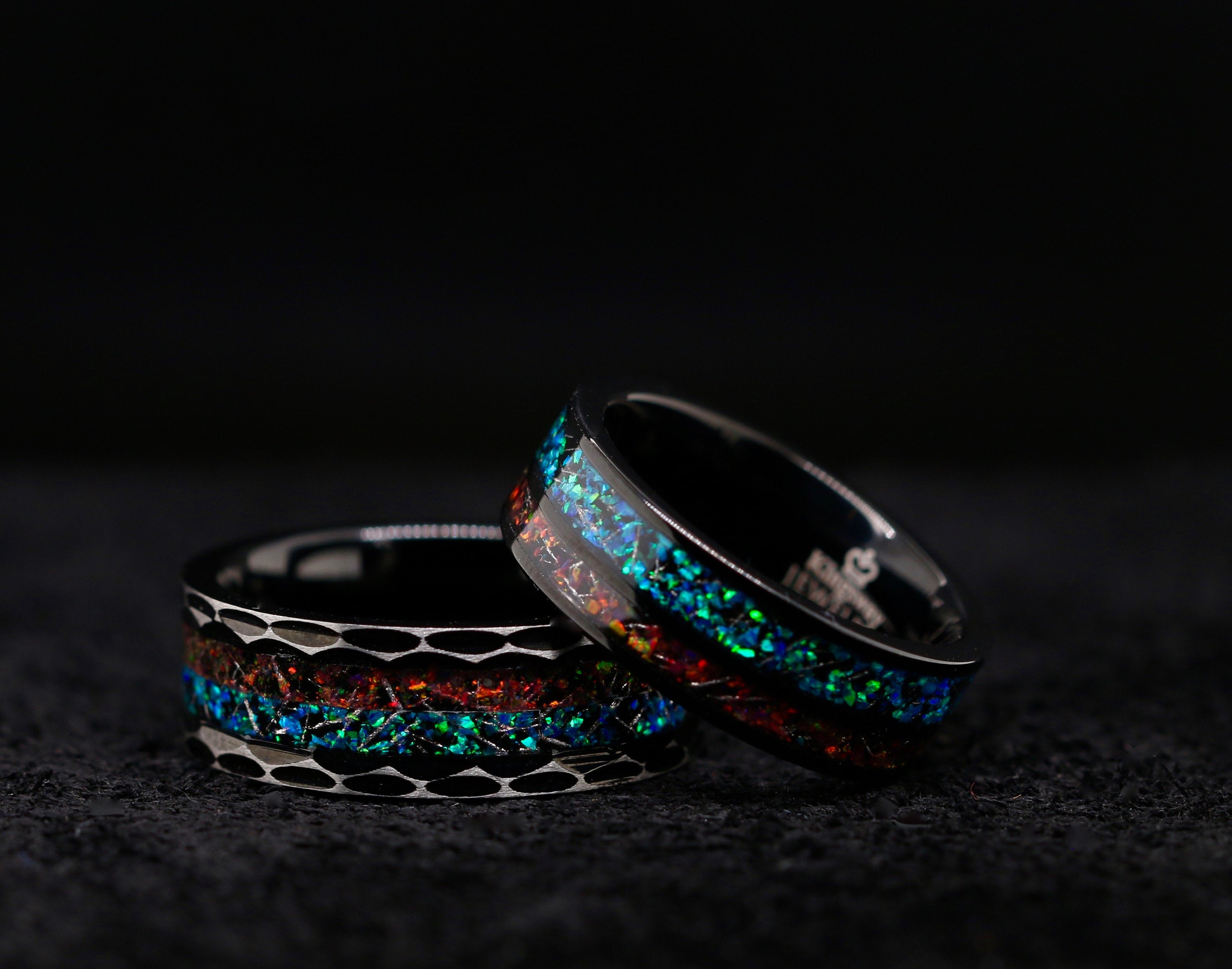 Volcano Wedding Band Set for Him and Her | Opal & Meteorite Wedding Bands For Him and Her