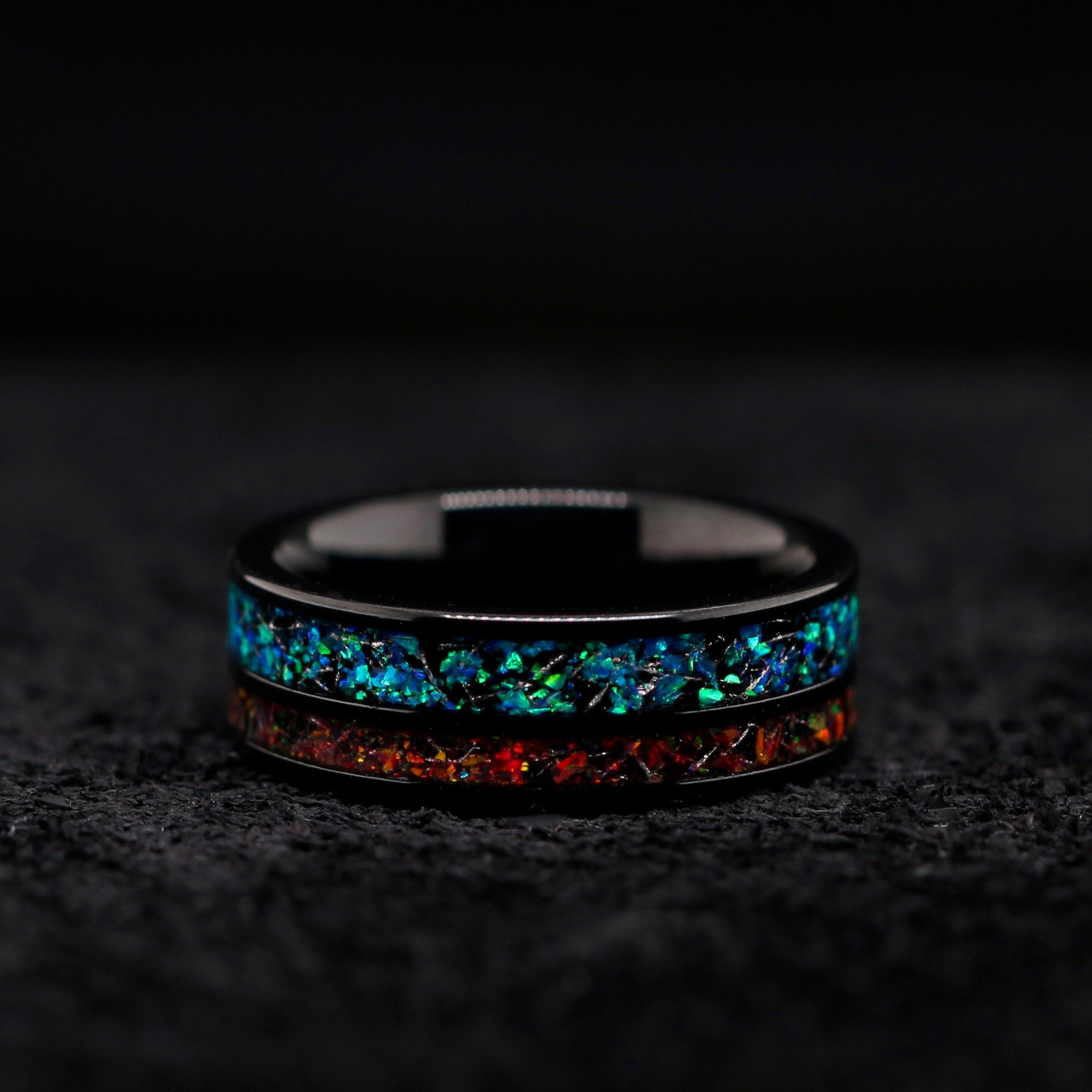 Volcano Wedding Band Set for Him and Her | Opal & Meteorite Wedding Bands For Him and Her