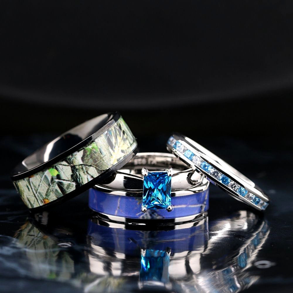 4pc Blue Camo Wedding Ring Set Sapphire Cubic Zirconia Engagement Ring Set