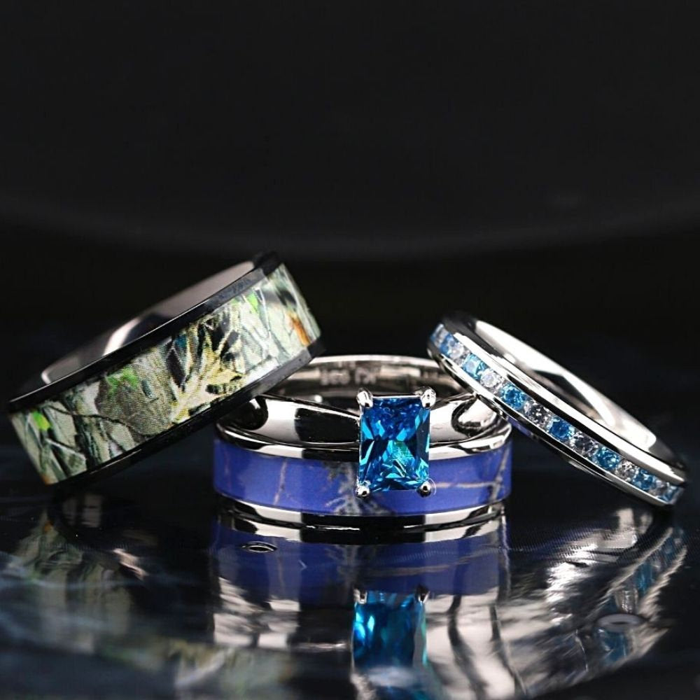 4pc Blue Camo Wedding Ring Set Sapphire Cubic Zirconia Engagement Ring Set