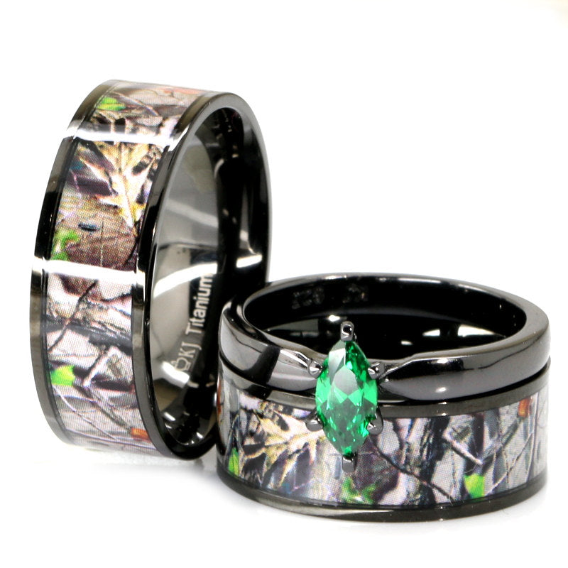 Shadow Forest - Green Marquise Camo Set | 3 pcs Engagement Ring & Wedding Bands Set