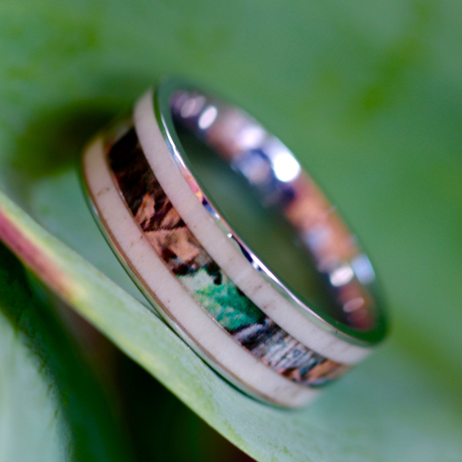 Stainless Steel Deer Antler and Camo Ring