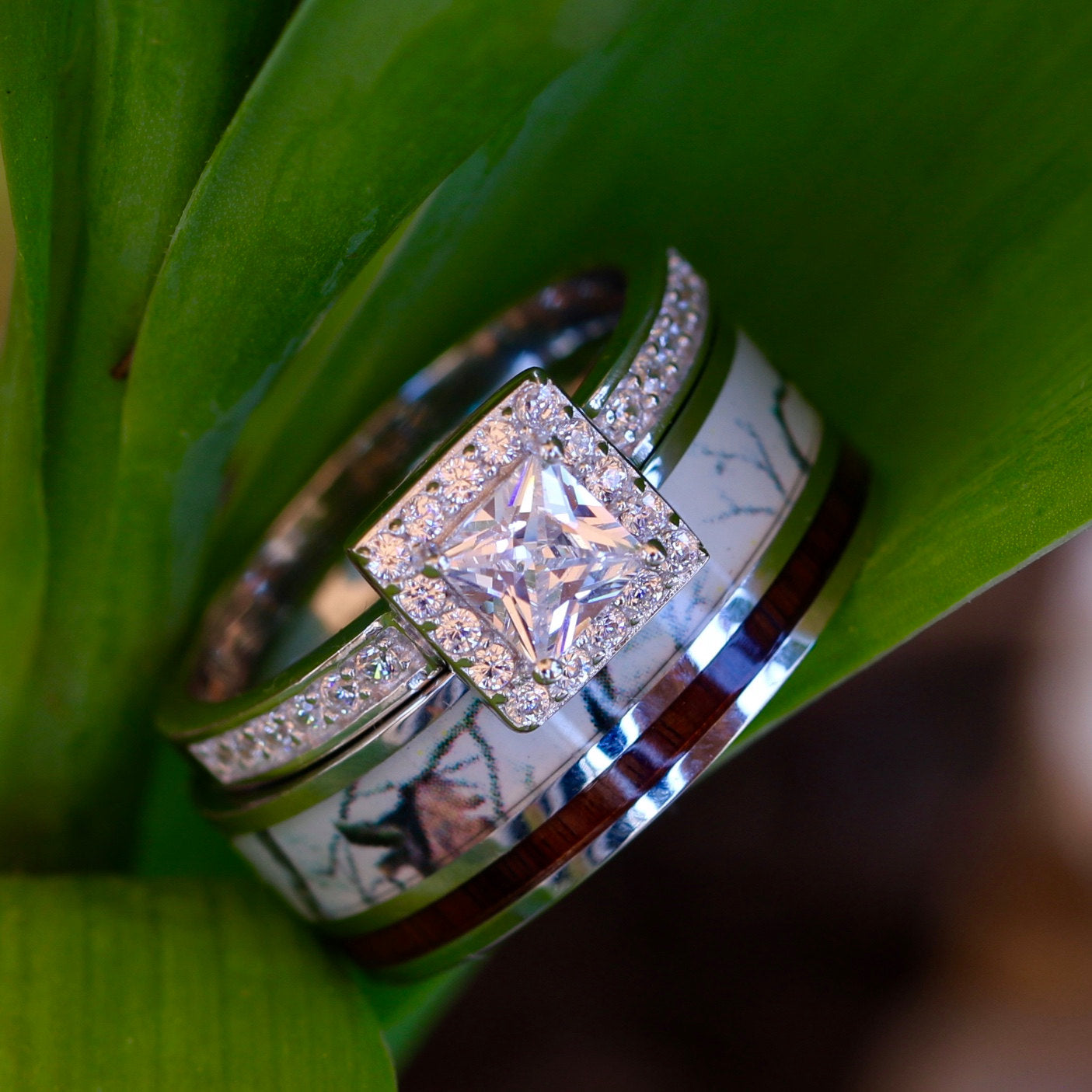 2 pc White Camo Rings Set Koa Wood Ring Set Silver Engagement Ring