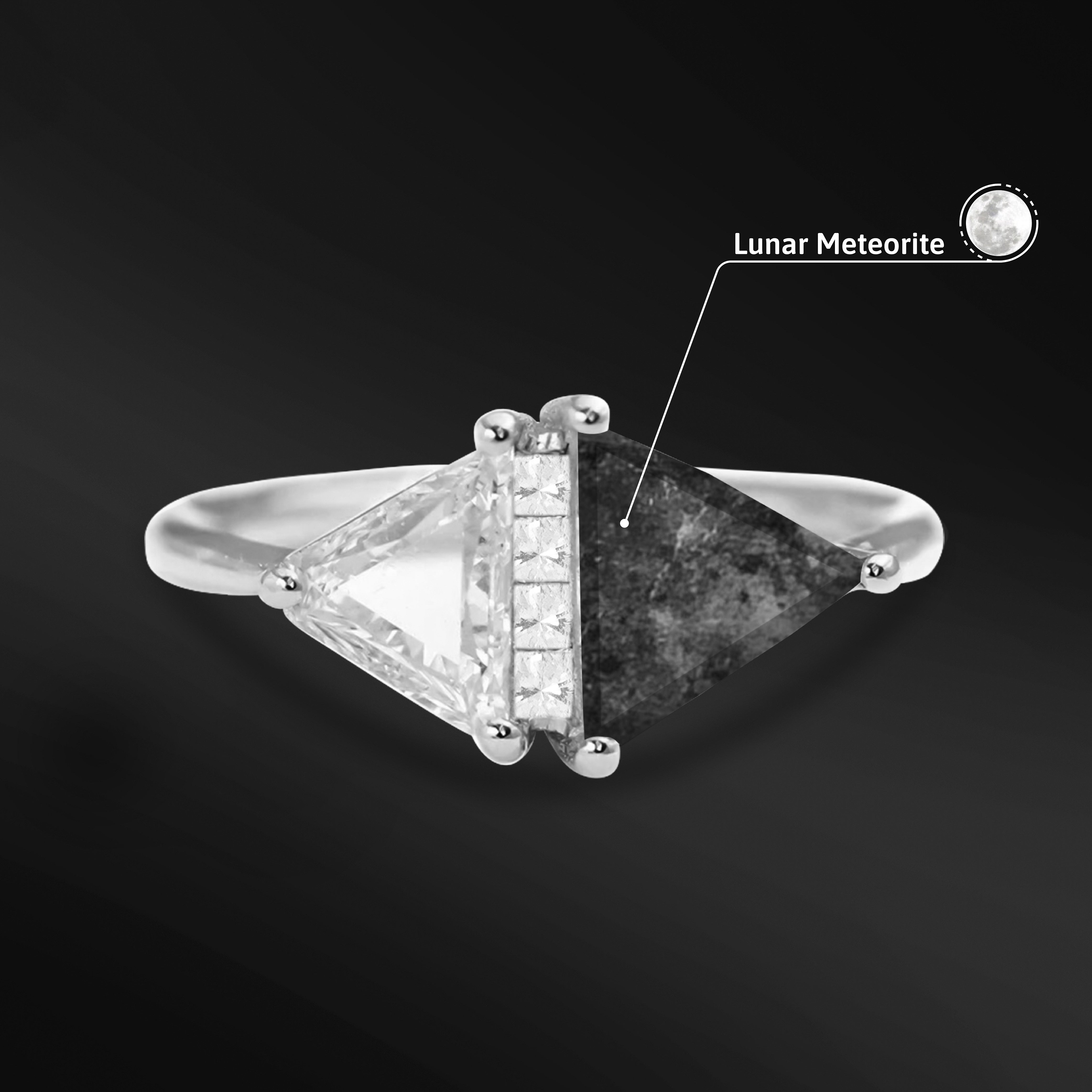 Celestial Duality Engagement Ring with Lunar Meteorite & Moissanite Triangle - Triangle Dual-Stone - D-Color, VVS1 Clarity