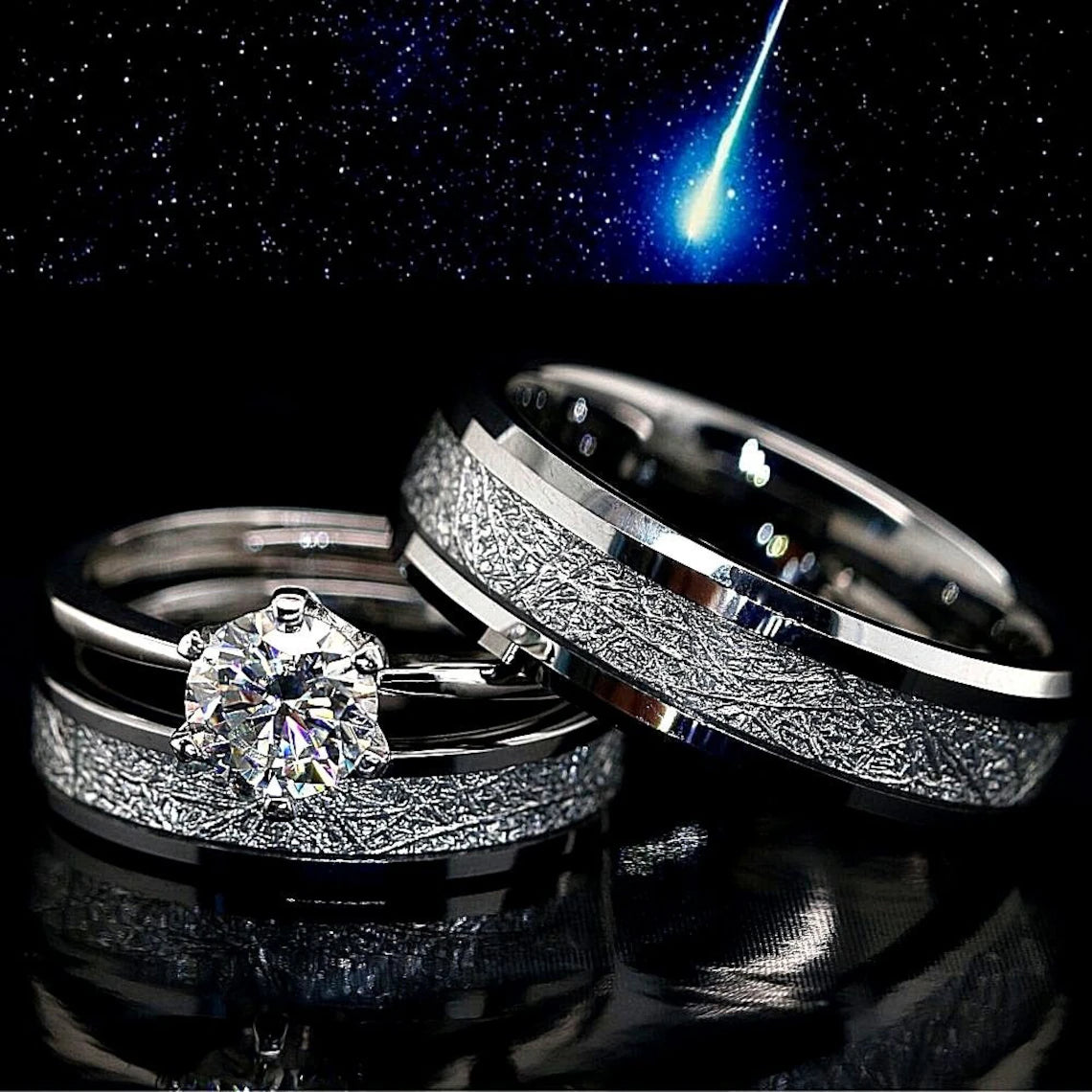 Celestial Eternity Set | 3PCs Couple Ring Set | Stainless Steel Engagement Ring with Moissanite for Her | Natural Meteorite Wedding Bands for Him and Her