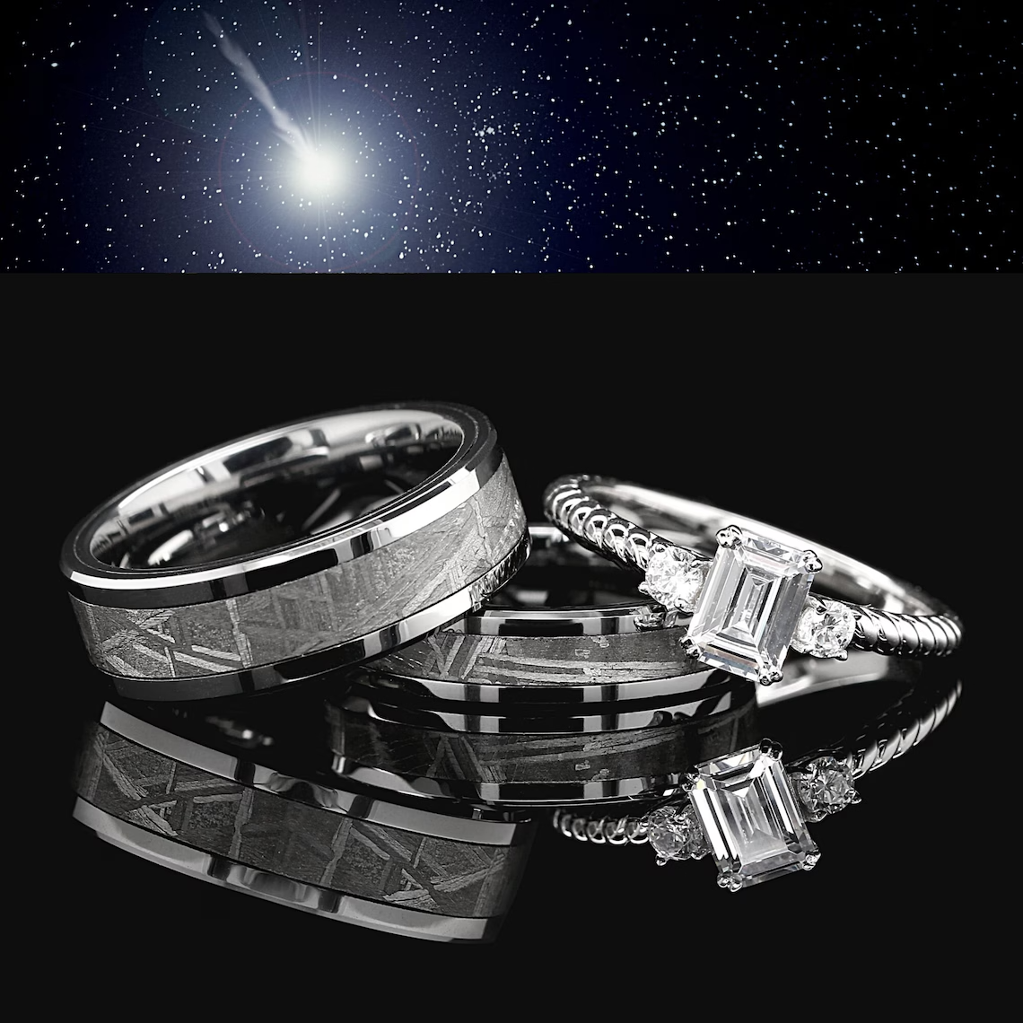 Sky Wonder - 3 PCs Engagement Ring Set | Sterling Silver Ring for Women | Tungsten Wedding Bands for Him & Her | Real Meteorite | FREE ENGRAVING