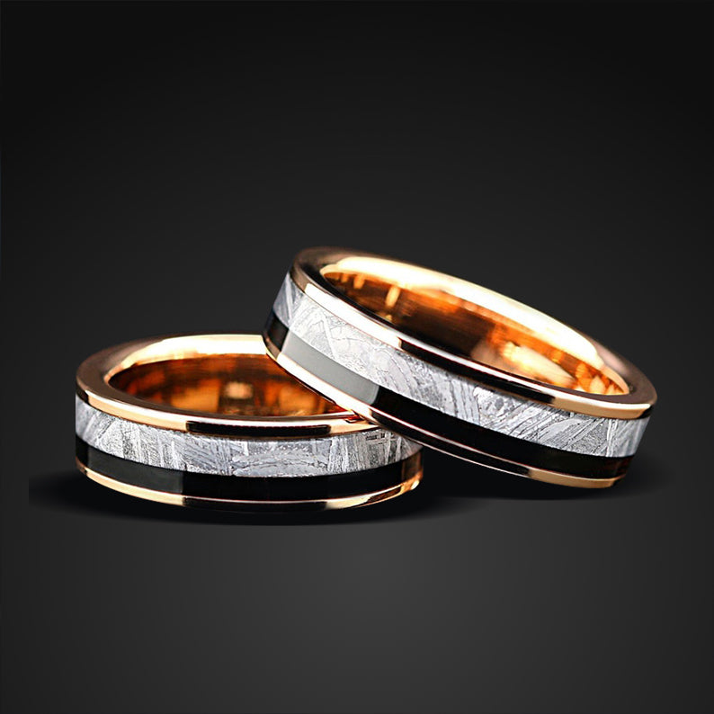 Meteorite Wedding Bands | Rose gold plated Tungsten  Ring for Women | Muonionalusta Meteorite Wedding Bands for Him & Her