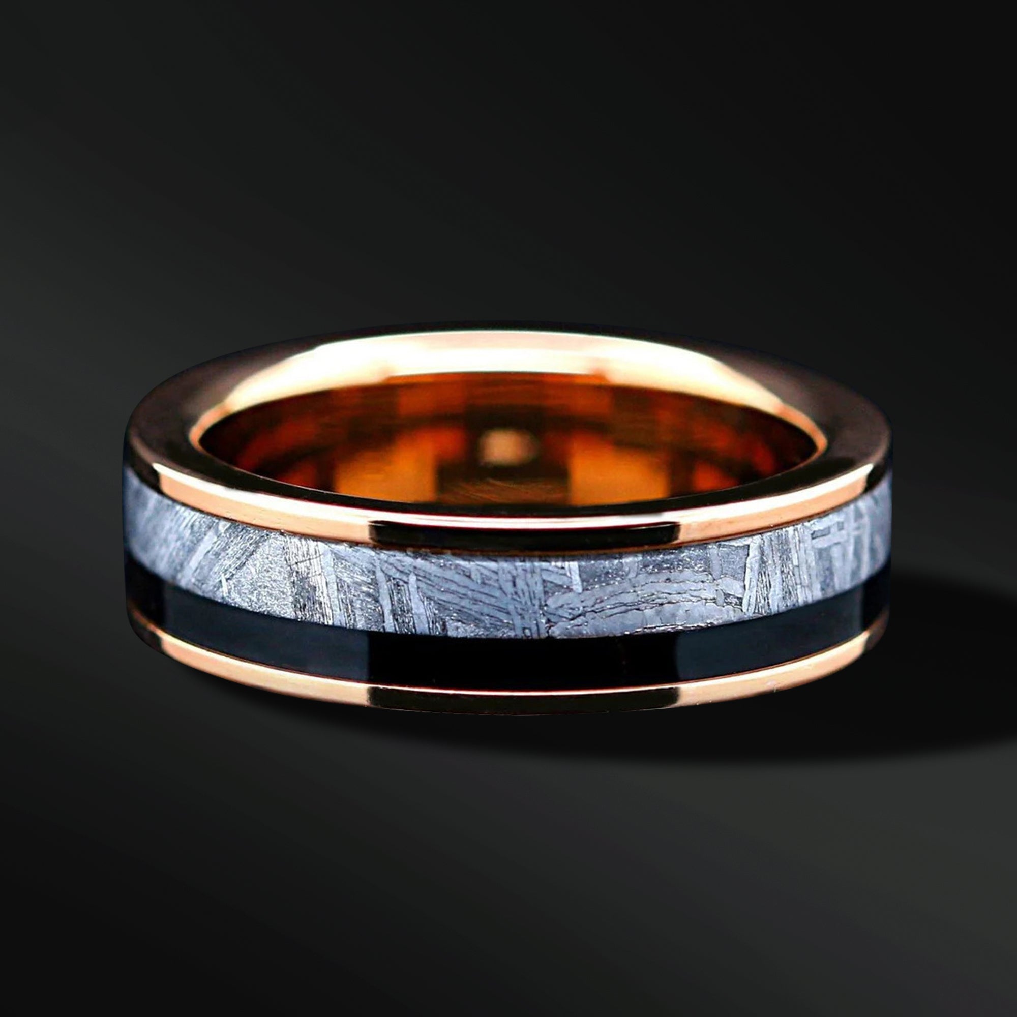 14K Gold Plated Real Meteorite Ring, Black Wood Ring, Titanium Wedding Rings FREE ENGRAVING