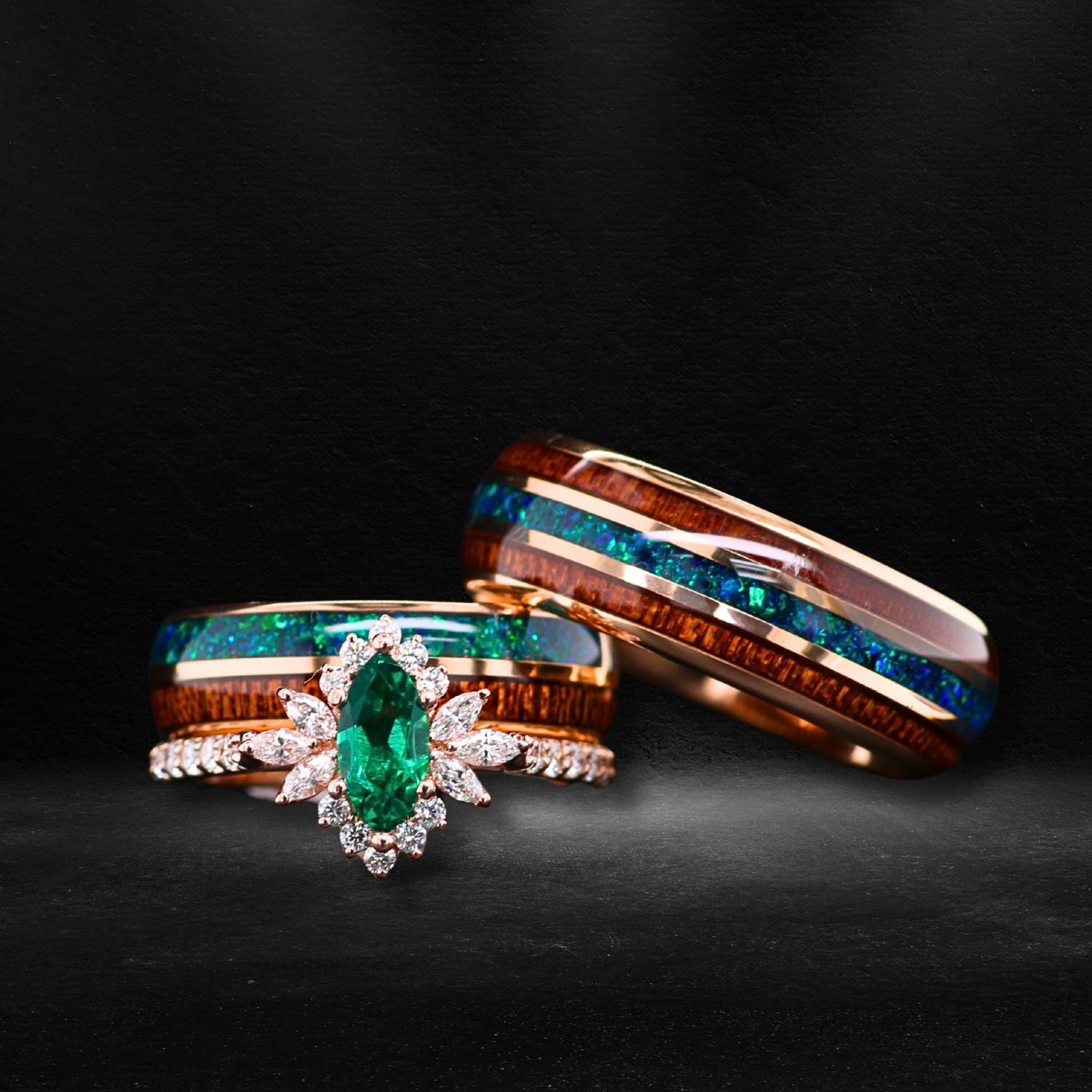 EMERALD FOREST - Lab Emerald and 1/2 CTW Natural Diamonds, Opal & Wood | 14K Gold & Tungsten Wedding Ring Set | Made to Order