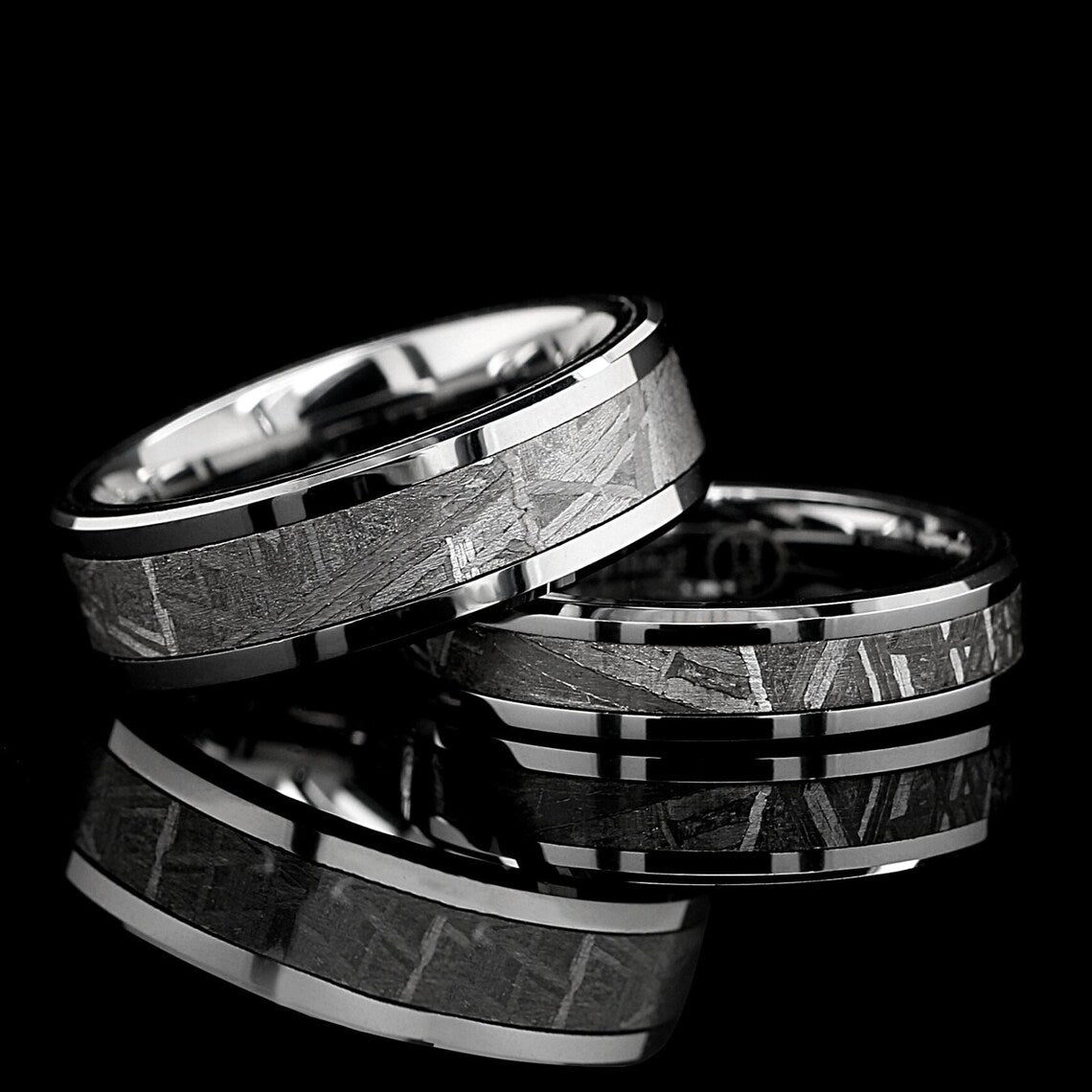 His Hers 3 pcs Real Meteorite, Sterling Silver & Tungsten Wedding Rings FREE ENGRAVING